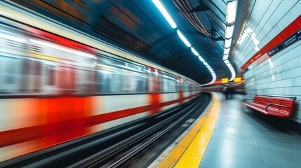 Fototapeta na wymiar Motion blur passing underground train to the tunnel on the subway platform