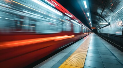 Fototapeta premium Motion blur passing underground train to the tunnel on the subway platform