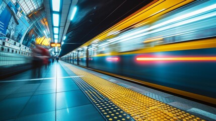 Fototapeta premium Motion blur passing underground train to the tunnel on the subway platform