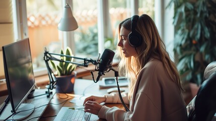 A woman doing podcast in front of laptop with a chill mood and a big copy space, Generative AI. - obrazy, fototapety, plakaty