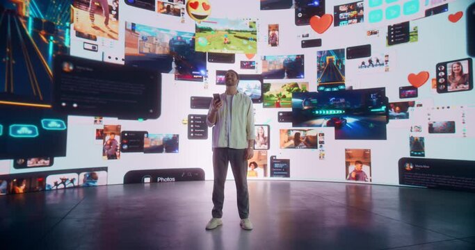 Portrait Of Caucasian Man Connecting Via Smartphone To Virtual Network Of Social Media, Online Gaming, Video Streaming, e-Commerce Shopping And Chatting. Male Internet User Enjoying Web Culture.