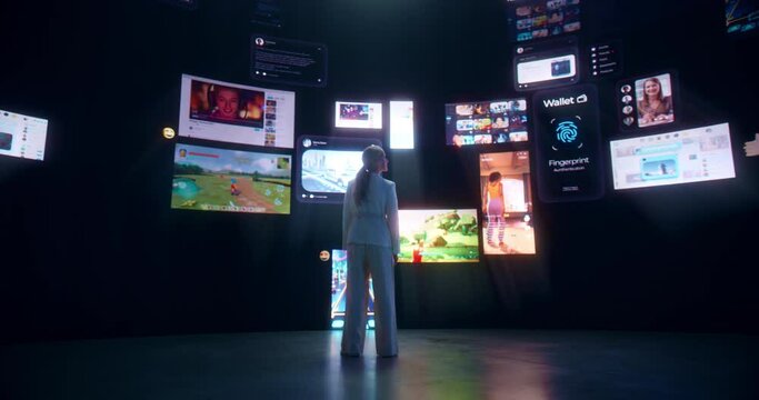 Social Media Internet Concept: Caucasian Woman Browsing Network of Websites, Games, Communities And Viral Videos. Animated Visualization Of Digital Interface Stream With Online Entertainment.