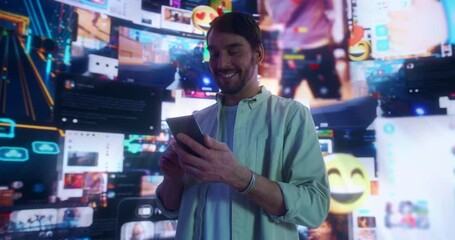Portrait Of Caucasian Man Using Smartphone in 3D Cyberspace With Animated Social Media Interfaces, Online Video Games, Videos, Internet Content. Visualization Of Male Enthusiast Surfing Web Network.
