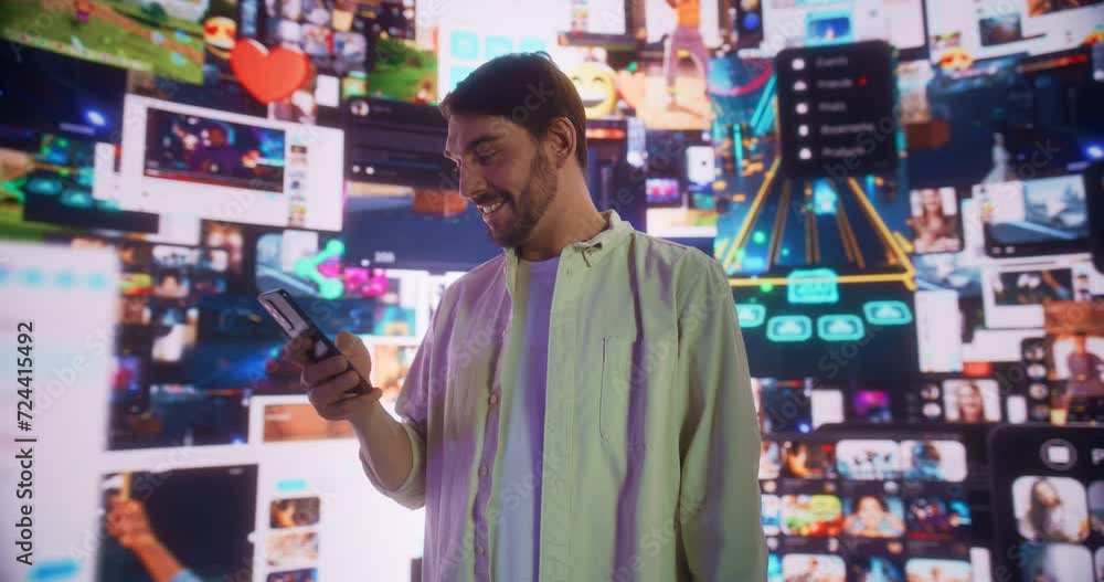 Poster Portrait of Caucasian Man Using Smartphone in Metaverse With Animated Stream Of Online Interfaces With Social Media, e-Commerce Shopping, Internet Influencers And Games. Visualization Of Web Network.