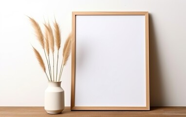 Minimalistic design. Mock up poster frame, vase with dry pampas grass in vase on wooden shelf and white wall background. Natural concept. Clay, glass, paper and wood. AI Generative. - obrazy, fototapety, plakaty