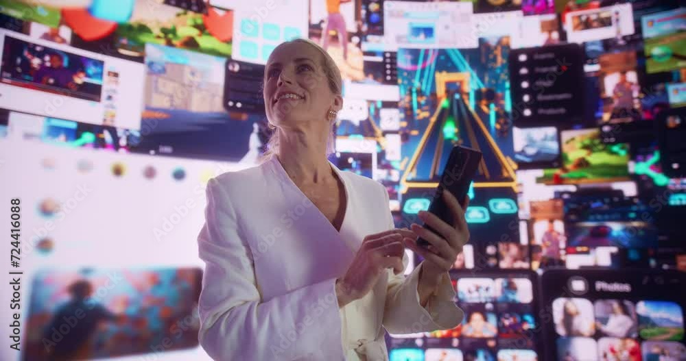Poster portrait of caucasian woman using smartphone in 3d cyberspace with animated social media interfaces,
