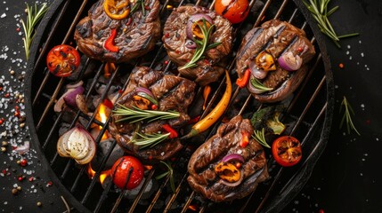 Delicious grilled meat with vegetables sizzling over burning coals on a barbecue on a dark background
