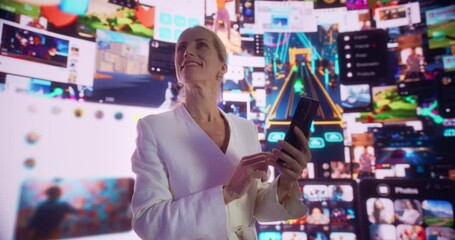 Portrait Of Caucasian Woman Using Smartphone in 3D Cyberspace With Animated Social Media Interfaces, Online Games, Videos, Internet Content. Visualization Of Female Enthusiast Surfing Web Network. - Powered by Adobe