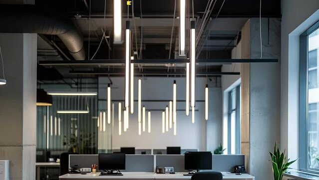 A series of hanging tube lights in various lengths adds a futuristic touch to this office showcasing the use of innovative lighting technology.