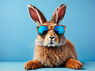 A funny brown rabbit wearing sunglasses on a blue background