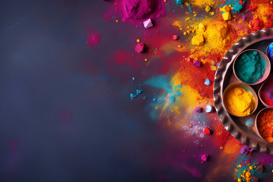 Colorful background for Holi Hai, top view with copyspace