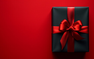 Black gift box with red ribbon and bow on red background. A Perfect way to express your love.