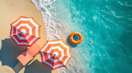Beach umbrella chair, inflatable ring on beach sand - obrazy, fototapety, plakaty
