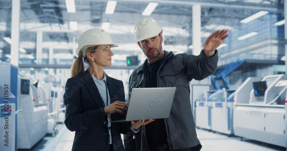 Poster caucasian male engineer and a female technician having a conversation and using laptop computer. spe