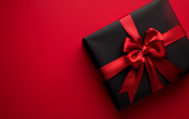 Black gift box with red ribbon and bow on red background. A Perfect way to express your love.