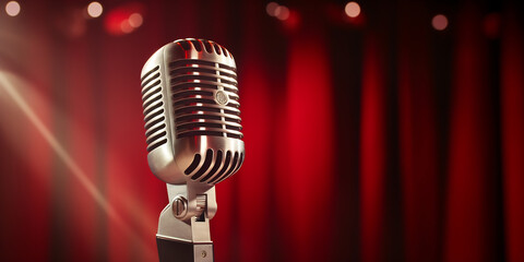 Classic Vintage Microphone on Stand with Red Curtain Background and Soft Lighting. Live Stage Performance Concept