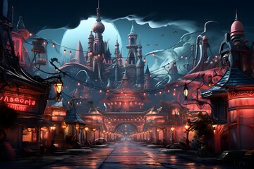 Fantasy city at night. Digital painting. 3D illustration.