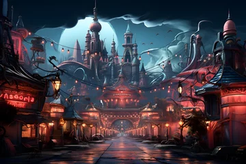 Fototapete Rund Fantasy city at night. Digital painting. 3D illustration. © Iman