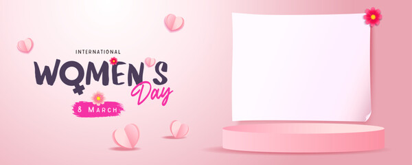 Womens day banner for product demonstration with empty white paper. Pedestal or podium, 8 march with flowers and paper hearts on pink background. Vector illustration