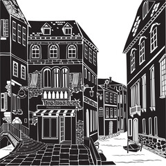 Urban landscape. Old European city street with buildings. Black and white vector illustration on white background. Venice
