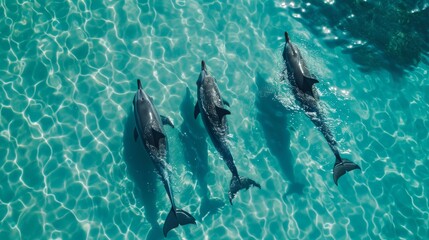 Dolphins swim gracefully through turquoise waters