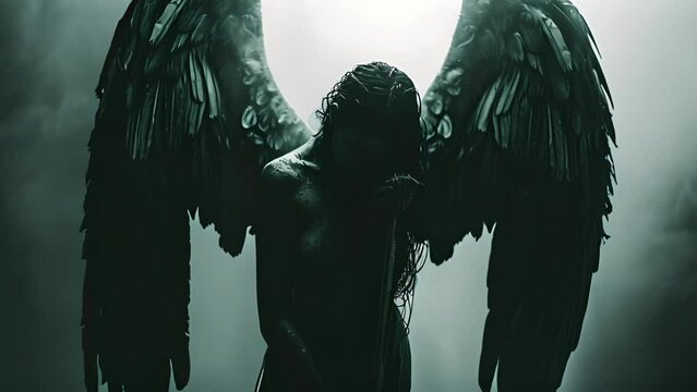 A pair of stained wings frame the figure of an angel their face hidden in the shadows as they hold a y knife in their hand.