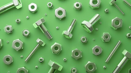 Screws, nuts, cogs, bolts pattern on a green background.