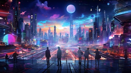 Futuristic city at night with neon lights and people silhouettes