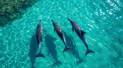 Obraz premium Dolphins swim gracefully through turquoise waters