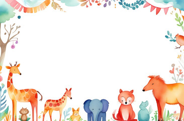 Fototapeta premium Various cute animals drawn in the style of a children's drawing are arranged in a frame around the place for the text, on a white background