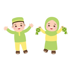 Cute man and woman celebrating eid mubarak with ketupat