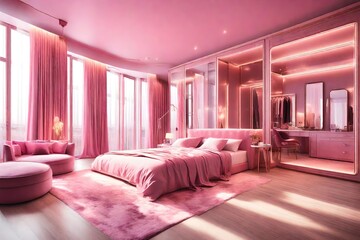 spacious expensive luxury bright interior of open-plan apartment in pink colors with dressing room, bedroom area and cozy area for guests with soft furniture. fashionable LED lighting and huge windows