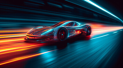 Racing sports car on neon highway. Powerful acceleration of a supercar on a night track with colorful lights and tracks. Blur at high speed. The light trail from the headlights. - obrazy, fototapety, plakaty