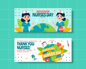 Nurses Day Horizontal Banner Flat Cartoon Hand Drawn Templates Background Illustration