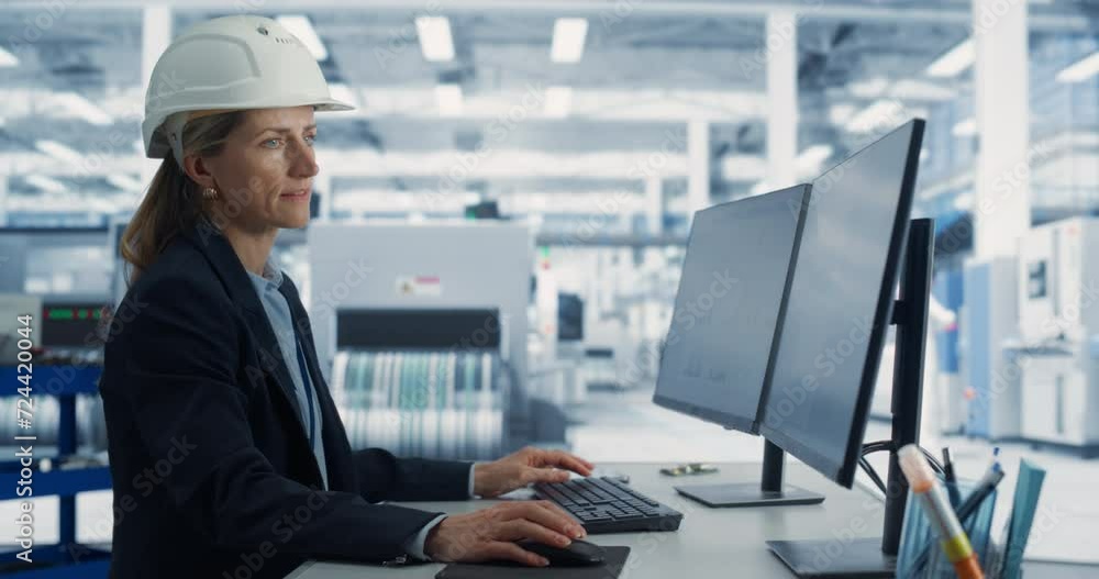 Poster Caucasian Female Industrial Engineer Developing Prototype of a Circuit Motherboard on a Desktop Computer In the Electronics Factory Office. Modern Technological Research and Development Center.