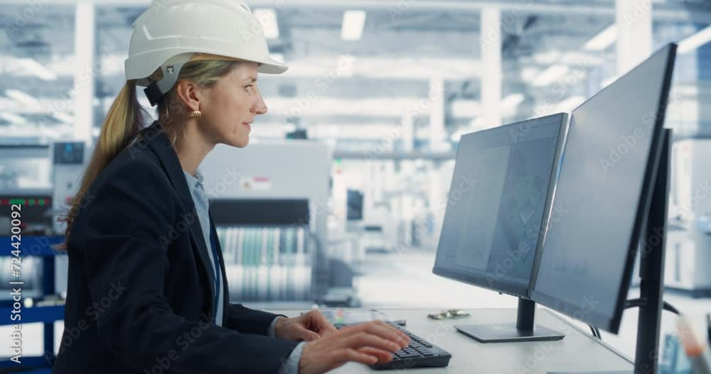 Poster Caucasian Female Industrial Engineer Developing 3D Prototype of a Circuit Motherboard on a Desktop Computer In the Electronics Factory Office. Modern Technological Research and Development Center.