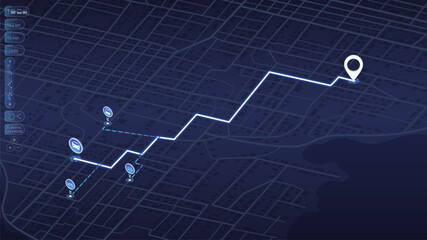 Alternative transport with location system. GPS navigator screen. Fragments of town. An abstract navigation plan highlights POI including city streets, blocks. Editable vector illustration - obrazy, fototapety, plakaty