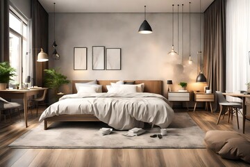 Interior of modern room with big bed, tables and lamp