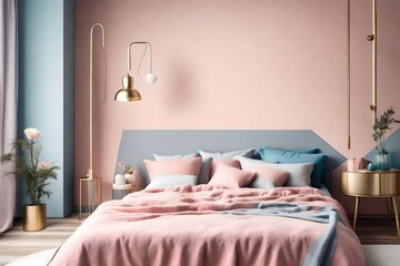 Pastel blanket on bed in pink and blue bedroom interior with gold lamp on grey cabinet