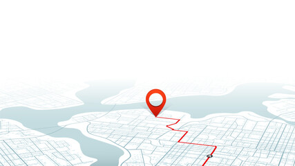 Navigation to poi. Main road throughout map. Simple scheme of isometric city. Location tracks dashboard. Generic city map with signs of streets, roads, house. Vector illustration, map background