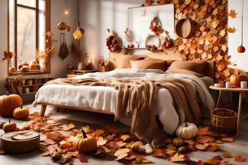 Autumn style in cozy bedroom with wood decoration