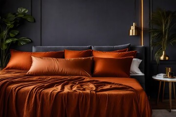 Patterned pillow and grey blanket on king size bed with dark orange duvet in luxury bedroom interior in elegant apartment, real photo with copy space on the wall