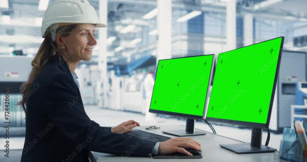 Poster Caucasian Female Technician In Hardhat Working on a Desktop Computer with Green Screen Chromakey Mock Up Display in a Factory Office. Autonomous Technological Research and Development Facility.