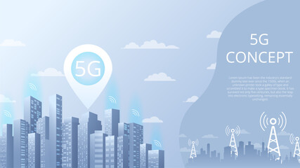 Fototapeta premium The Signal tower of 5G signal on abstract background cityscape. Networks to distribute fast signals on area. Wireless network communication on map of city. Vector illustration