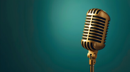 gold microphone on a lush green background, creating a nostalgic ambiance with copy space for text, ideal for music-themed designs