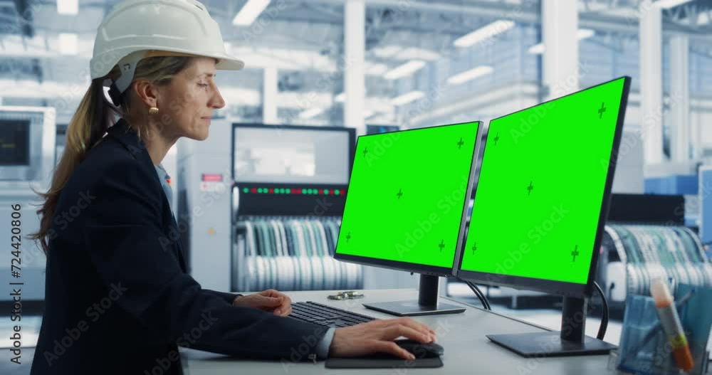Poster Caucasian Female Technician In Hardhat Working on Desktop Computer with Green Screen Chromakey Mock-Up Display in Electronics Factory Office. Autonomous Technological Research and Development Facility