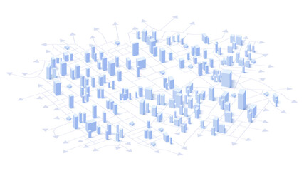 Urbanization concept, cityscape on map with interconnected lines. Encompasses the growth of urban areas. Reflects population concentration, the increasing interconnectedness of urban spaces. Vector