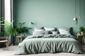 Grey bedding and mint pillow on king-size bed in sophisticated soft color bedroom with fern