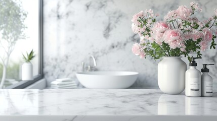 Fototapeta na wymiar White marble bathroom tabletop with copy space