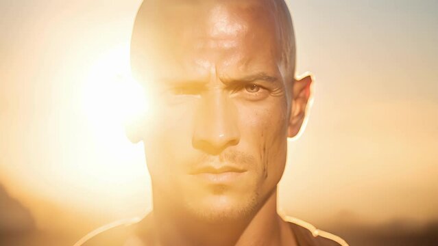 A man in his midthirties with a shaved head, donning a face full of righteous anger and determination. His caramel skin glistening under the sun, with perspiration as symbolic proof of his